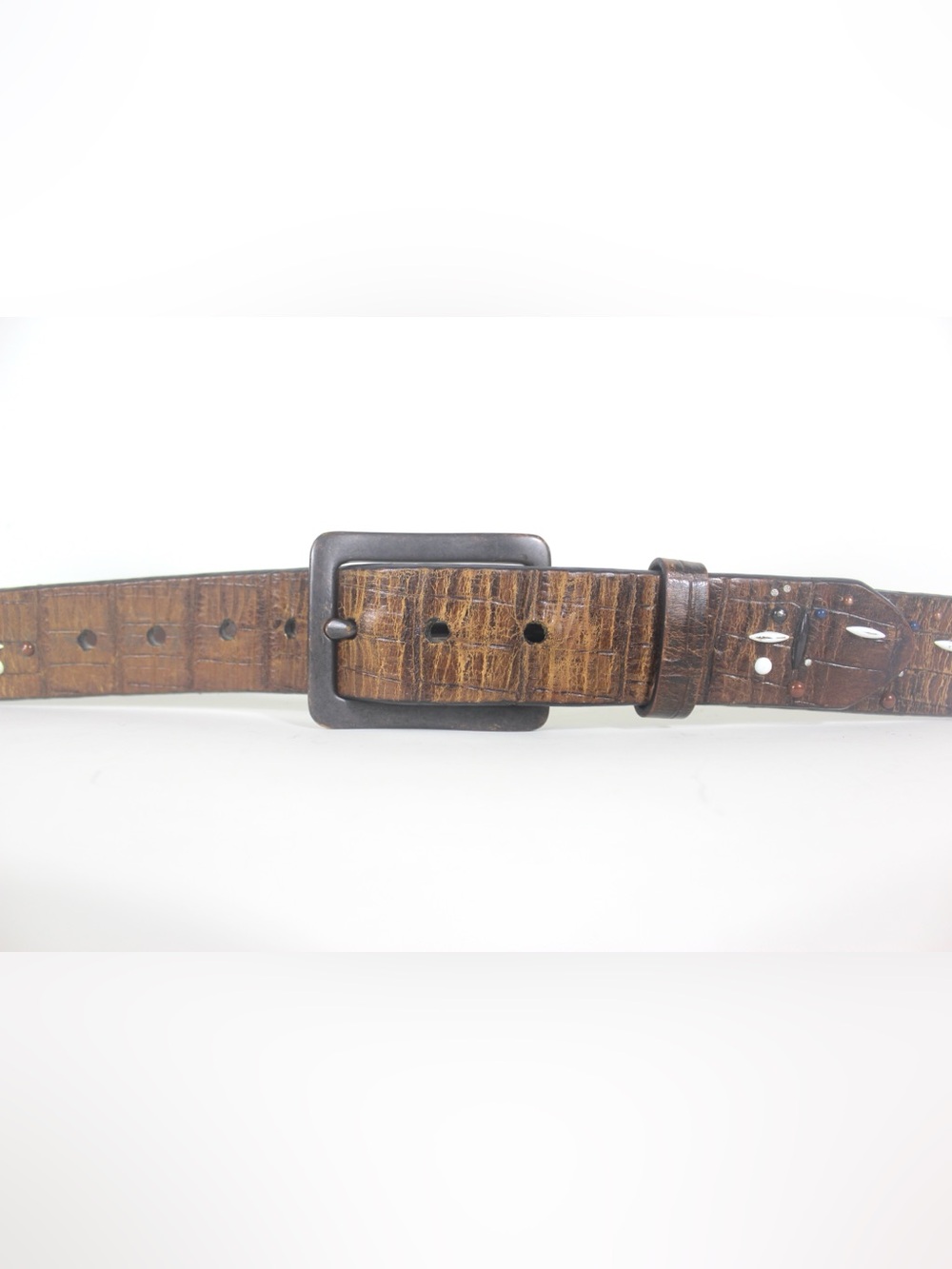 Removable Belt Buckle on Beaded Brown Croc Embossed Leather Belt Detachable Snap